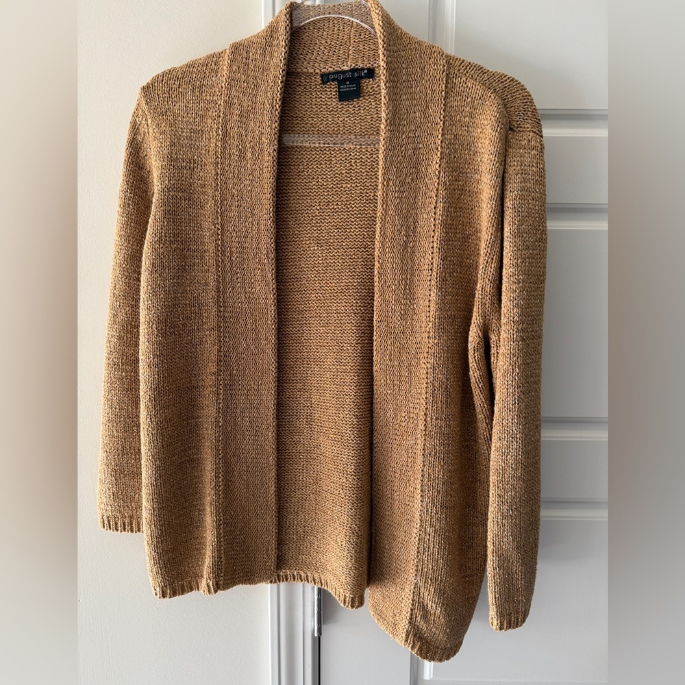 August Silk Camel Metallic Knit Open Front Cardigan Cozy Coastal Grandmother M